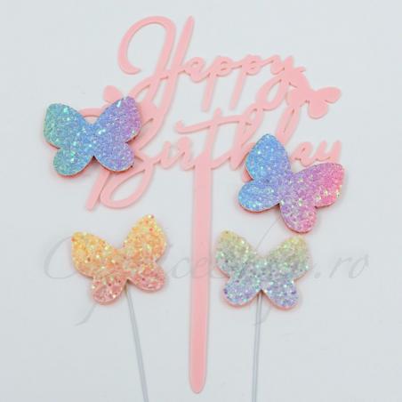 Topper Happy Birthday Roz Fluturi Glitter CapriceSHOP