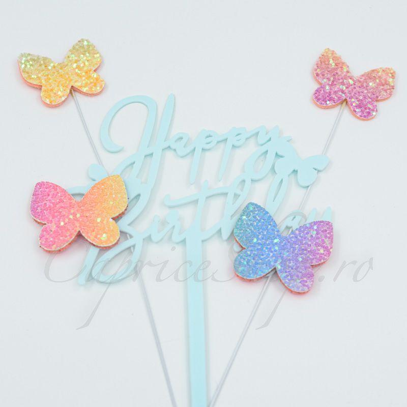 Topper Happy Birthday Albastru Fluturi Glitter CapriceSHOP